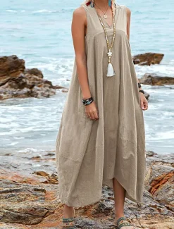 Online Women's Midi Dress Cotton Linen Dress Basic Casual Vacation Daily Regular Fit Plain Sleeveless V Neck Black Wine Khaki Summer Women Dresses
