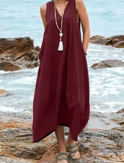 Online Women's Midi Dress Cotton Linen Dress Basic Casual Vacation Daily Regular Fit Plain Sleeveless V Neck Black Wine Khaki Summer Women Dresses