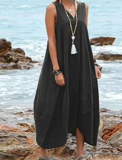 Online Women's Midi Dress Cotton Linen Dress Basic Casual Vacation Daily Regular Fit Plain Sleeveless V Neck Black Wine Khaki Summer Women Dresses