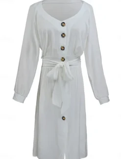 Online Women's Midi Dress Cotton Linen Dresses Casual Dress A Line Dress Basic Vacation Daily Regular Fit Plain Long Sleeve V Neck Summer Spring Women Dresses