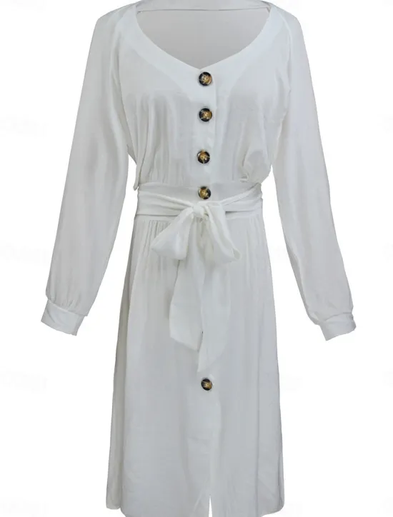 Online Women's Midi Dress Cotton Linen Dresses Casual Dress A Line Dress Basic Vacation Daily Regular Fit Plain Long Sleeve V Neck Summer Spring Women Dresses