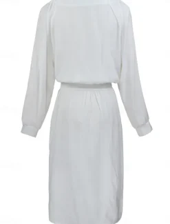 Online Women's Midi Dress Cotton Linen Dresses Casual Dress A Line Dress Basic Vacation Daily Regular Fit Plain Long Sleeve V Neck Summer Spring Women Dresses