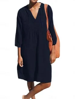 Clearance Women's Midi Dress Cotton Linen Dresses Casual Dress Basic Casual Vacation Daily Regular Fit Plain 3/4 Length Sleeve V Neck Black White Light Green Light Blue Summer Women Dresses