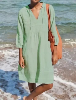 Clearance Women's Midi Dress Cotton Linen Dresses Casual Dress Basic Casual Vacation Daily Regular Fit Plain 3/4 Length Sleeve V Neck Black White Light Green Light Blue Summer Women Dresses