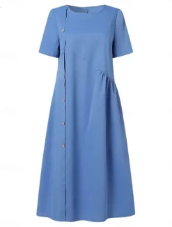Hot Women's Midi Dress Cotton Linen Dresses Casual Dress Basic Casual Vacation Daily Regular Fit Plain Short Sleeve Crew Neck Wine Blue Brown Summer Women Dresses
