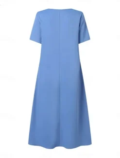Hot Women's Midi Dress Cotton Linen Dresses Casual Dress Basic Casual Vacation Daily Regular Fit Plain Short Sleeve Crew Neck Wine Blue Brown Summer Women Dresses