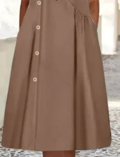 Hot Women's Midi Dress Cotton Linen Dresses Casual Dress Basic Casual Vacation Daily Regular Fit Plain Short Sleeve Crew Neck Wine Blue Brown Summer Women Dresses