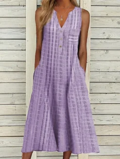 Outlet Women's Midi Dress Cotton Linen Dresses Tank Dress Summer Dress Print Dress Active Fashion Outdoor Daily Weekend Loose Fit Plaid Sleeveless V Neck Black Pink Blue Purple Summer Spring Women Dresses