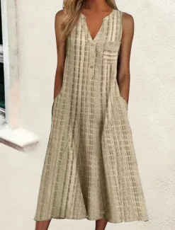 Outlet Women's Midi Dress Cotton Linen Dresses Tank Dress Summer Dress Print Dress Active Fashion Outdoor Daily Weekend Loose Fit Plaid Sleeveless V Neck Black Pink Blue Purple Summer Spring Women Dresses