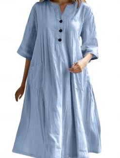 Sale Women's Midi Dress Cotton Linen Dresses Basic Casual Vacation Daily Regular Fit Plain 3/4 Length Sleeve Notched Neck Black Red Purple Light Blue Summer Women Dresses