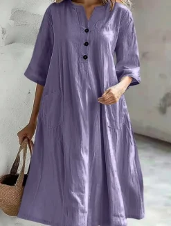 Sale Women's Midi Dress Cotton Linen Dresses Basic Casual Vacation Daily Regular Fit Plain 3/4 Length Sleeve Notched Neck Black Red Purple Light Blue Summer Women Dresses