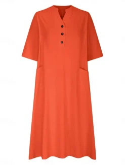 Sale Women's Midi Dress Cotton Linen Dresses Basic Casual Vacation Daily Regular Fit Plain 3/4 Length Sleeve Notched Neck Black Red Purple Light Blue Summer Women Dresses