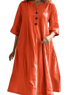 Sale Women's Midi Dress Cotton Linen Dresses Basic Casual Vacation Daily Regular Fit Plain 3/4 Length Sleeve Notched Neck Black Red Purple Light Blue Summer Women Dresses