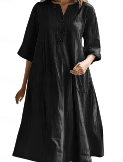 Sale Women's Midi Dress Cotton Linen Dresses Basic Casual Vacation Daily Regular Fit Plain 3/4 Length Sleeve Notched Neck Black Red Purple Light Blue Summer Women Dresses