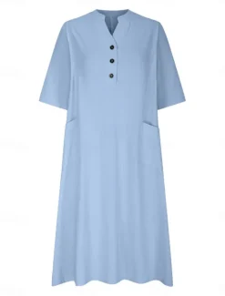 Sale Women's Midi Dress Cotton Linen Dresses Basic Casual Vacation Daily Regular Fit Plain 3/4 Length Sleeve Notched Neck Black Red Purple Light Blue Summer Women Dresses