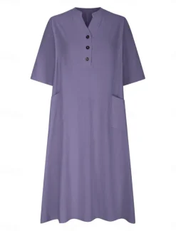 Sale Women's Midi Dress Cotton Linen Dresses Basic Casual Vacation Daily Regular Fit Plain 3/4 Length Sleeve Notched Neck Black Red Purple Light Blue Summer Women Dresses