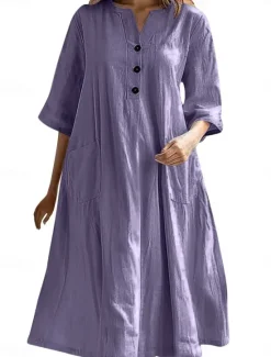 Sale Women's Midi Dress Cotton Linen Dresses Basic Casual Vacation Daily Regular Fit Plain 3/4 Length Sleeve Notched Neck Black Red Purple Light Blue Summer Women Dresses