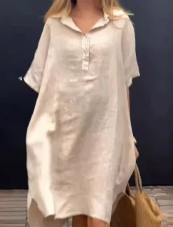 Online Women's Midi Dress Cotton Linen Dresses Casual Dress Basic Casual Vacation Daily Loose Fit Plain Half Sleeve Shirt Collar Yellow Pink Blue Khaki Summer Spring Fall Women Dresses