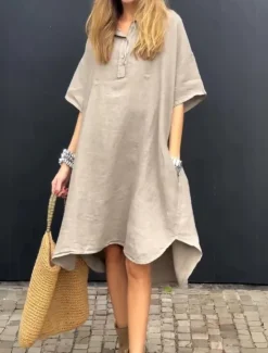 Online Women's Midi Dress Cotton Linen Dresses Casual Dress Basic Casual Vacation Daily Loose Fit Plain Half Sleeve Shirt Collar Yellow Pink Blue Khaki Summer Spring Fall Women Dresses