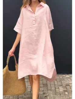 Online Women's Midi Dress Cotton Linen Dresses Casual Dress Basic Casual Vacation Daily Loose Fit Plain Half Sleeve Shirt Collar Yellow Pink Blue Khaki Summer Spring Fall Women Dresses