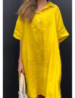Online Women's Midi Dress Cotton Linen Dresses Casual Dress Basic Casual Vacation Daily Loose Fit Plain Half Sleeve Shirt Collar Yellow Pink Blue Khaki Summer Spring Fall Women Dresses