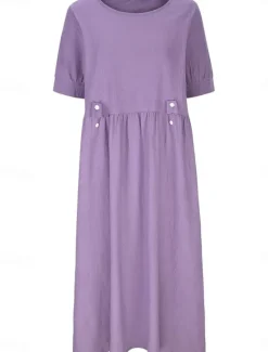 Hot Women's Midi Dress Cotton Linen Dresses Casual Dress Cotton Linen Dress Elegant Vintage Stylish Vacation Daily Loose Fit Plain Short Sleeve Crew Neck White Purple Green Gray Summer Spring Women Dresses