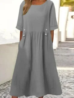 Hot Women's Midi Dress Cotton Linen Dresses Casual Dress Cotton Linen Dress Elegant Vintage Stylish Vacation Daily Loose Fit Plain Short Sleeve Crew Neck White Purple Green Gray Summer Spring Women Dresses