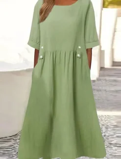 Hot Women's Midi Dress Cotton Linen Dresses Casual Dress Cotton Linen Dress Elegant Vintage Stylish Vacation Daily Loose Fit Plain Short Sleeve Crew Neck White Purple Green Gray Summer Spring Women Dresses