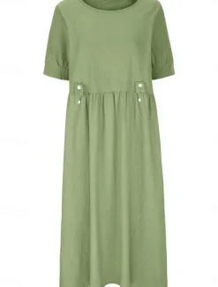 Hot Women's Midi Dress Cotton Linen Dresses Casual Dress Cotton Linen Dress Elegant Vintage Stylish Vacation Daily Loose Fit Plain Short Sleeve Crew Neck White Purple Green Gray Summer Spring Women Dresses
