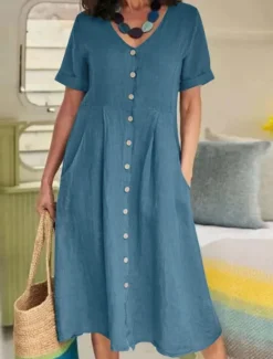 Women's Midi Dress Cotton Linen Dresses Casual Dress Basic Casual Vacation Daily Regular Fit Plain Short Sleeve V Neck White Sky Blue Green Khaki Summer Women Dresses