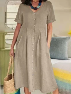 Women's Midi Dress Cotton Linen Dresses Casual Dress Basic Casual Vacation Daily Regular Fit Plain Short Sleeve V Neck White Sky Blue Green Khaki Summer Women Dresses