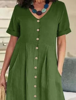 Women's Midi Dress Cotton Linen Dresses Casual Dress Basic Casual Vacation Daily Regular Fit Plain Short Sleeve V Neck White Sky Blue Green Khaki Summer Women Dresses