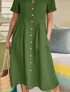 Women's Midi Dress Cotton Linen Dresses Casual Dress Basic Casual Vacation Daily Regular Fit Plain Short Sleeve V Neck White Sky Blue Green Khaki Summer Women Dresses