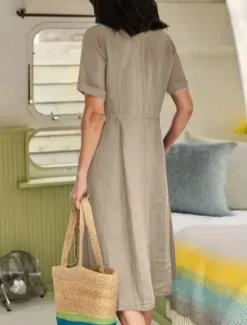 Women's Midi Dress Cotton Linen Dresses Casual Dress Basic Casual Vacation Daily Regular Fit Plain Short Sleeve V Neck White Sky Blue Green Khaki Summer Women Dresses
