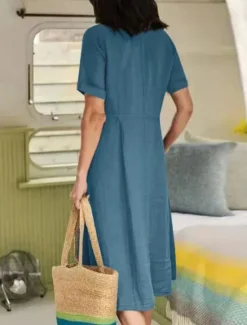 Women's Midi Dress Cotton Linen Dresses Casual Dress Basic Casual Vacation Daily Regular Fit Plain Short Sleeve V Neck White Sky Blue Green Khaki Summer Women Dresses