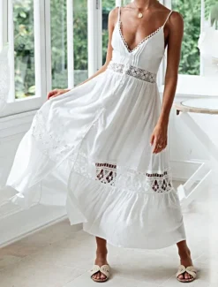 Best Women's Midi Dress Cotton Linen Dress Slip Dress Boho Dress Basic Classic Modern Vacation Holiday Going out Regular Fit Plain Sleeveless Spaghetti Strap Summer Women White Dresses