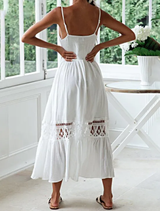 Best Women's Midi Dress Cotton Linen Dress Slip Dress Boho Dress Basic Classic Modern Vacation Holiday Going out Regular Fit Plain Sleeveless Spaghetti Strap Summer Women White Dresses