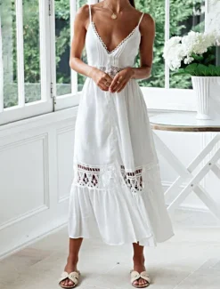 Best Women's Midi Dress Cotton Linen Dress Slip Dress Boho Dress Basic Classic Modern Vacation Holiday Going out Regular Fit Plain Sleeveless Spaghetti Strap Summer Women White Dresses