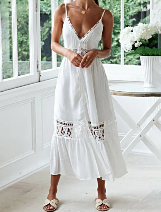 Best Women's Midi Dress Cotton Linen Dress Slip Dress Boho Dress Basic Classic Modern Vacation Holiday Going out Regular Fit Plain Sleeveless Spaghetti Strap Summer Women White Dresses
