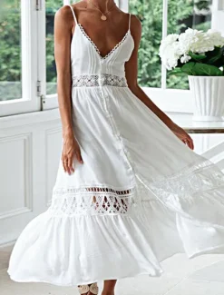 Best Women's Midi Dress Cotton Linen Dress Slip Dress Boho Dress Basic Classic Modern Vacation Holiday Going out Regular Fit Plain Sleeveless Spaghetti Strap Summer Women White Dresses