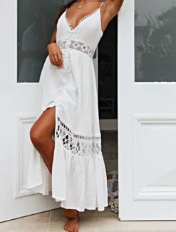 Best Women's Midi Dress Cotton Linen Dress Slip Dress Boho Dress Basic Classic Modern Vacation Holiday Going out Regular Fit Plain Sleeveless Spaghetti Strap Summer Women White Dresses
