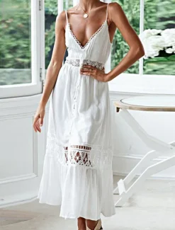 Best Women's Midi Dress Cotton Linen Dress Slip Dress Boho Dress Basic Classic Modern Vacation Holiday Going out Regular Fit Plain Sleeveless Spaghetti Strap Summer Women White Dresses