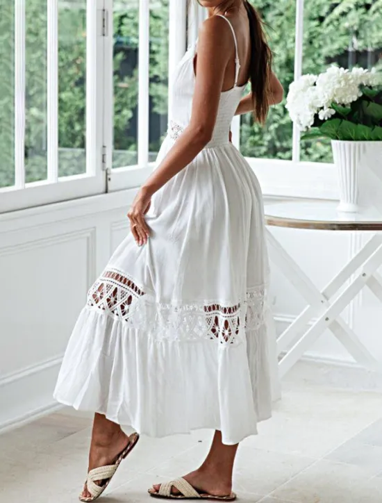 Best Women's Midi Dress Cotton Linen Dress Slip Dress Boho Dress Basic Classic Modern Vacation Holiday Going out Regular Fit Plain Sleeveless Spaghetti Strap Summer Women White Dresses