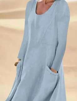 New Women's Midi Dress Cotton Linen Dresses Elegant Stylish Basic Vacation Daily Date Loose Fit Plain Long Sleeve Crew Neck White Light Green Pink Sky Blue Spring Fall Women Dresses
