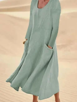New Women's Midi Dress Cotton Linen Dresses Elegant Stylish Basic Vacation Daily Date Loose Fit Plain Long Sleeve Crew Neck White Light Green Pink Sky Blue Spring Fall Women Dresses