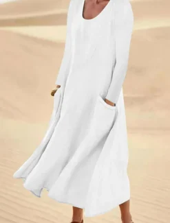 New Women's Midi Dress Cotton Linen Dresses Elegant Stylish Basic Vacation Daily Date Loose Fit Plain Long Sleeve Crew Neck White Light Green Pink Sky Blue Spring Fall Women Dresses