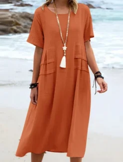 Clearance Women's Midi Dress Cotton Linen Dresses Casual Dress Summer Dress Classic Modern Daily Weekend Regular Fit Plain Short Sleeve Crew Neck Black Yellow Pink Royal Blue Summer Women Dresses