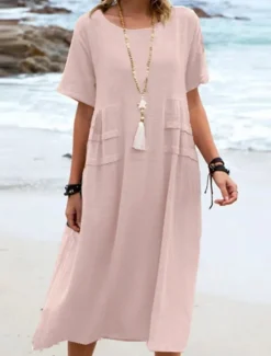 Clearance Women's Midi Dress Cotton Linen Dresses Casual Dress Summer Dress Classic Modern Daily Weekend Regular Fit Plain Short Sleeve Crew Neck Black Yellow Pink Royal Blue Summer Women Dresses