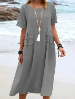 Clearance Women's Midi Dress Cotton Linen Dresses Casual Dress Summer Dress Classic Modern Daily Weekend Regular Fit Plain Short Sleeve Crew Neck Black Yellow Pink Royal Blue Summer Women Dresses