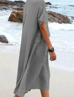 Clearance Women's Midi Dress Cotton Linen Dresses Casual Dress Summer Dress Classic Modern Daily Weekend Regular Fit Plain Short Sleeve Crew Neck Black Yellow Pink Royal Blue Summer Women Dresses